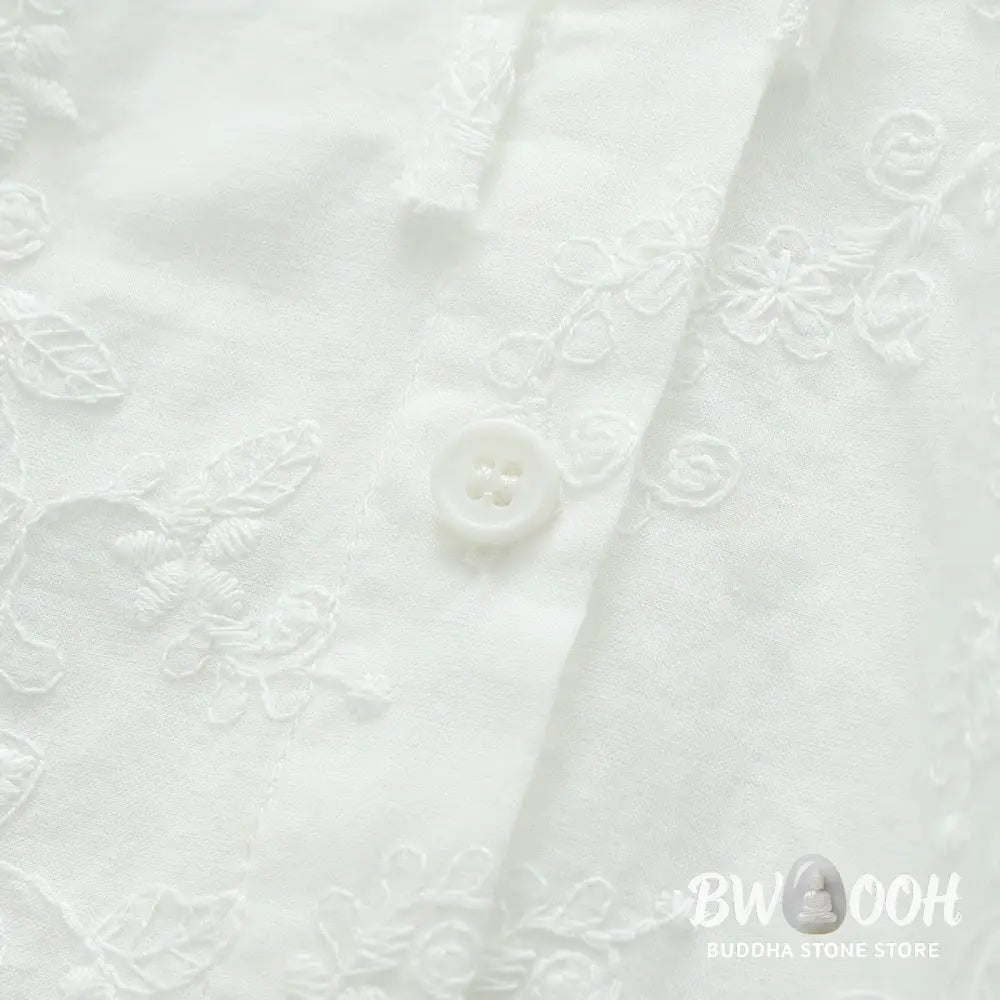 Buddha Stones Fall White Floral Embroidery Peter Pan Collar Buttons Women’s Cotton Long Sleeve Shirt - Women’s Shirts