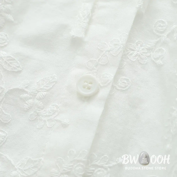 Buddha Stones Fall White Floral Embroidery Peter Pan Collar Buttons Women’s Cotton Long Sleeve Shirt - Women’s Shirts