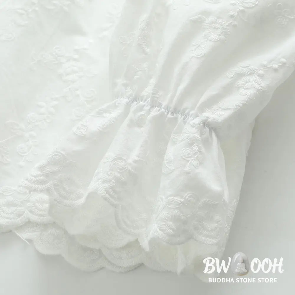 Buddha Stones Fall White Floral Embroidery Peter Pan Collar Buttons Women’s Cotton Long Sleeve Shirt - Women’s Shirts
