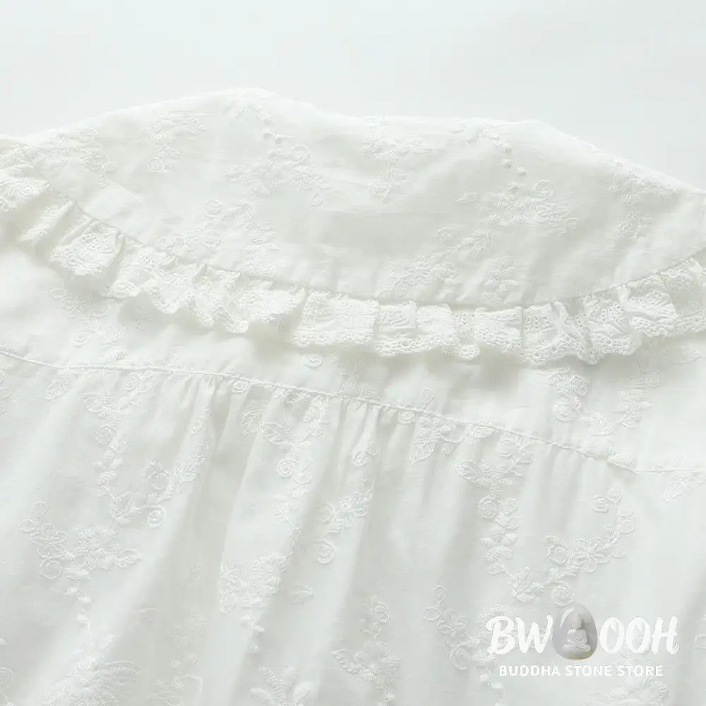 Buddha Stones Fall White Floral Embroidery Peter Pan Collar Buttons Women’s Cotton Long Sleeve Shirt - Women’s Shirts