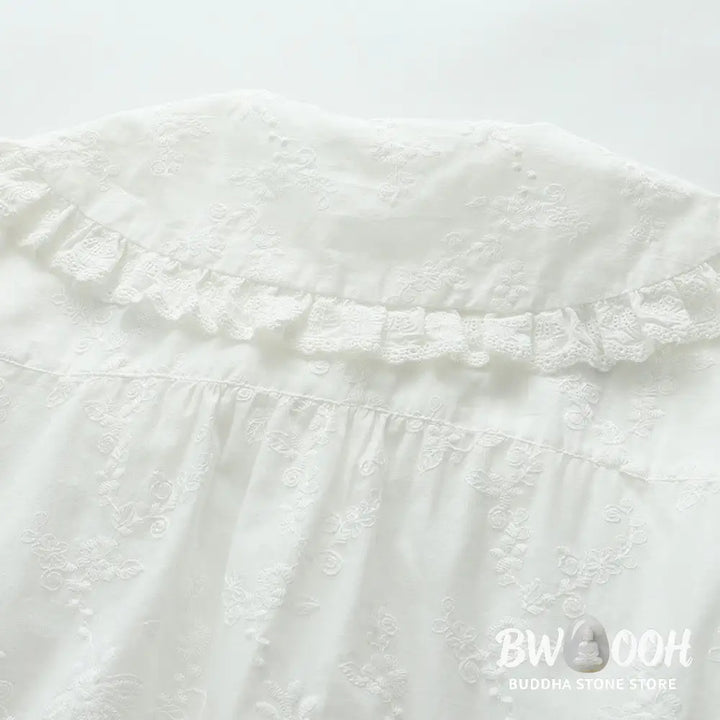 Buddha Stones Fall White Floral Embroidery Peter Pan Collar Buttons Women’s Cotton Long Sleeve Shirt - Women’s Shirts