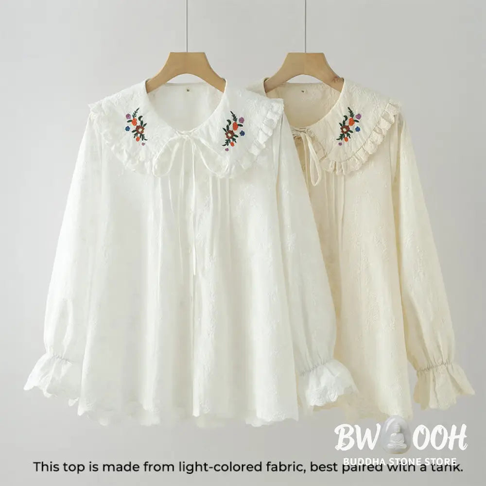 Buddha Stones Fall White Floral Embroidery Peter Pan Collar Buttons Women’s Cotton Long Sleeve Shirt - Women’s Shirts