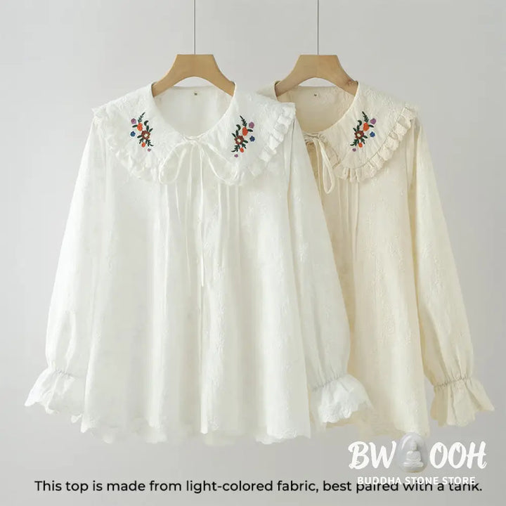 Buddha Stones Fall White Floral Embroidery Peter Pan Collar Buttons Women’s Cotton Long Sleeve Shirt - Women’s Shirts