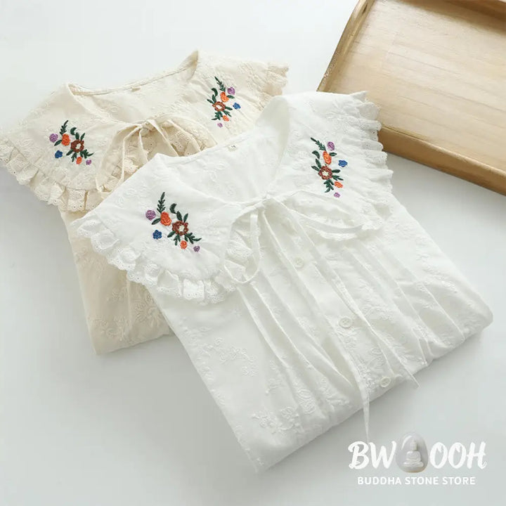 Buddha Stones Fall White Floral Embroidery Peter Pan Collar Buttons Women’s Cotton Long Sleeve Shirt - Women’s Shirts