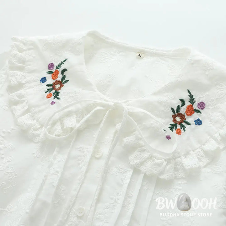 Buddha Stones Fall White Floral Embroidery Peter Pan Collar Buttons Women’s Cotton Long Sleeve Shirt - Women’s Shirts