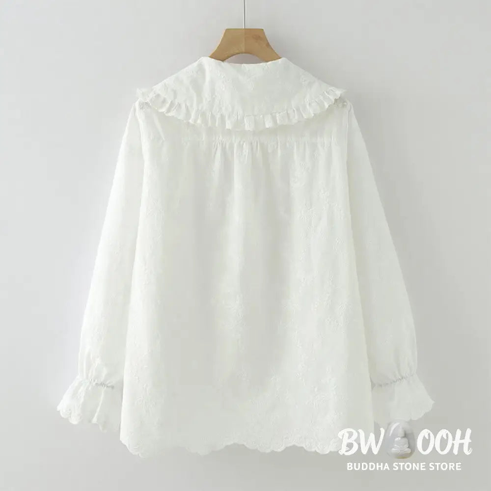 Buddha Stones Fall White Floral Embroidery Peter Pan Collar Buttons Women’s Cotton Long Sleeve Shirt - Women’s Shirts