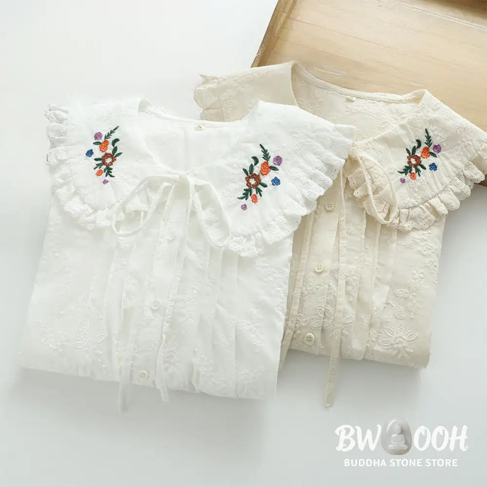 Buddha Stones Fall White Floral Embroidery Peter Pan Collar Buttons Women’s Cotton Long Sleeve Shirt - Women’s Shirts