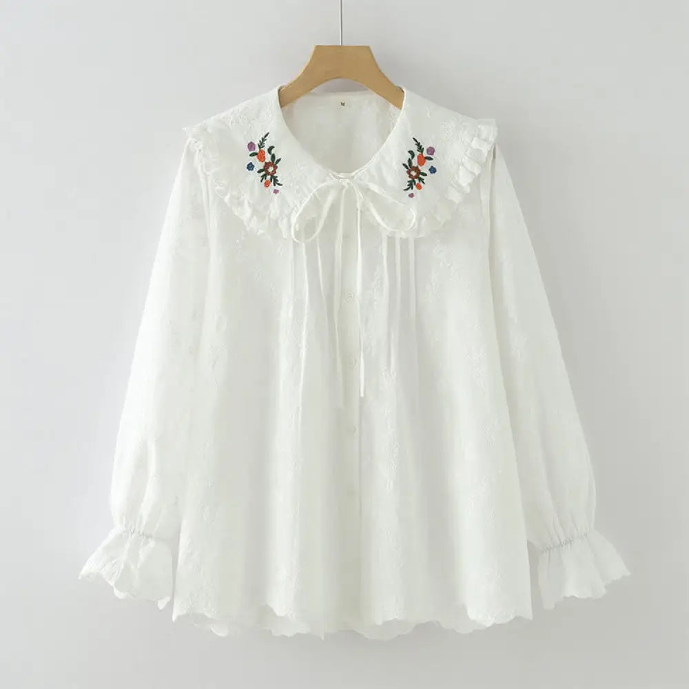 Buddha Stones Fall White Floral Embroidery Peter Pan Collar Buttons Women’s Cotton Long Sleeve Shirt - White