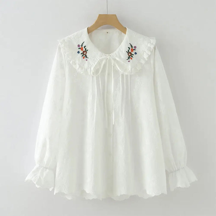 Buddha Stones Fall White Floral Embroidery Peter Pan Collar Buttons Women’s Cotton Long Sleeve Shirt - White