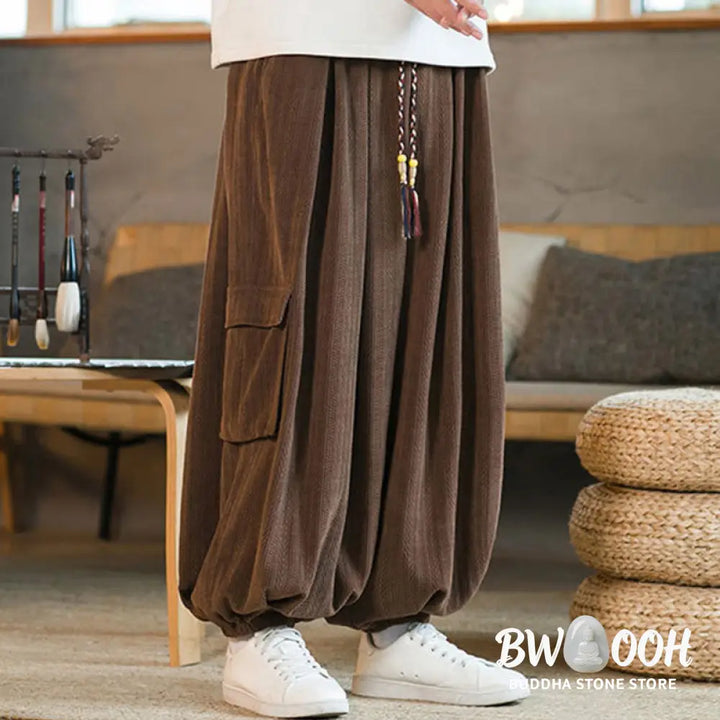 Buddha Stones Fall Winter Men’s Drawstring Chenille Corduroy Cargo Pants With Pockets - Men’s Pants