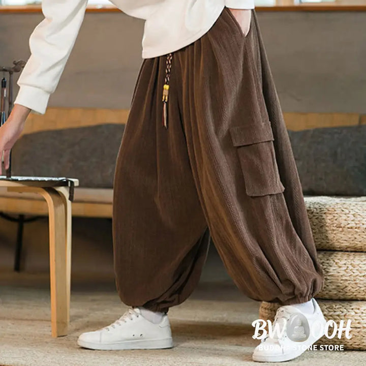 Buddha Stones Fall Winter Men’s Drawstring Chenille Corduroy Cargo Pants With Pockets - Men’s Pants