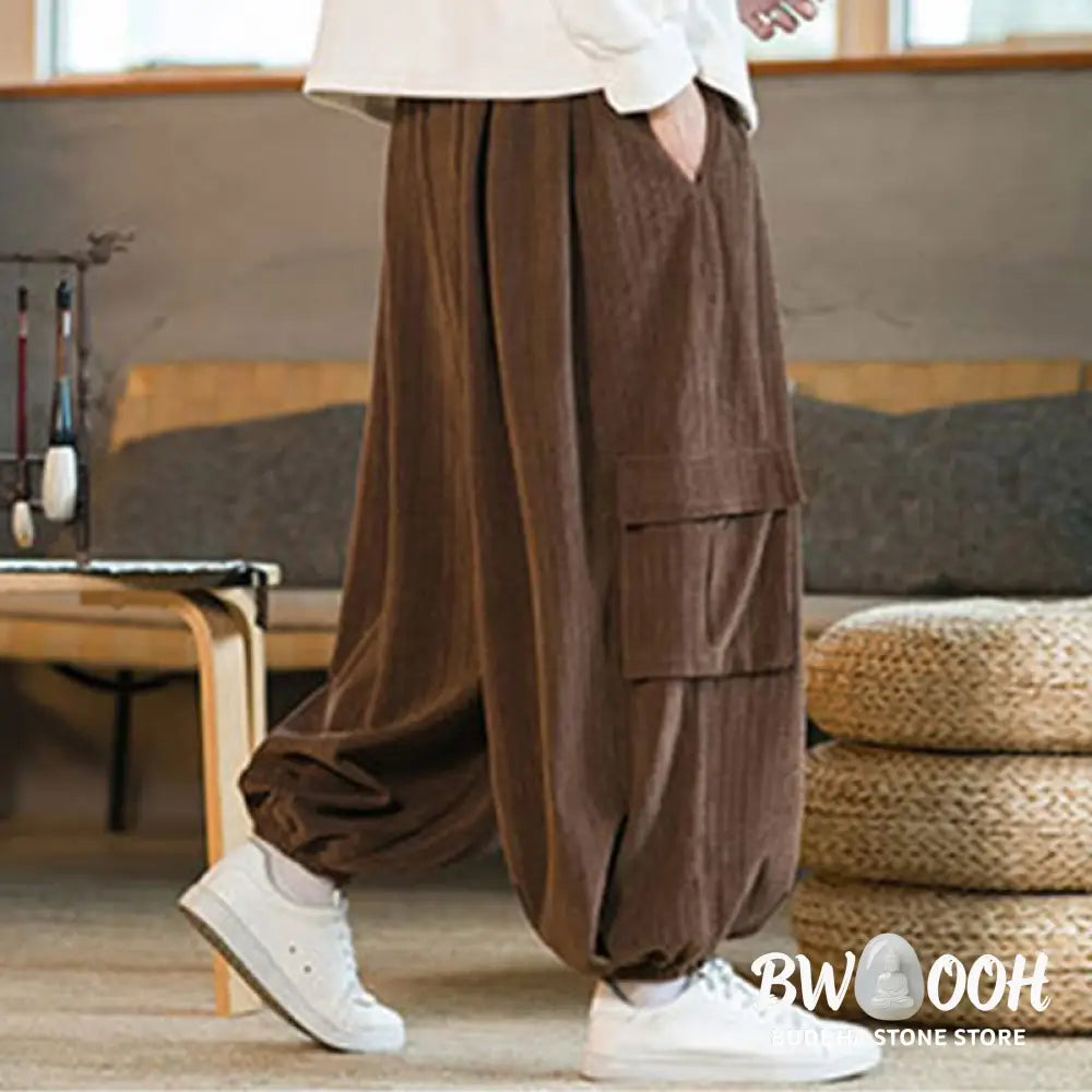 Buddha Stones Fall Winter Men’s Drawstring Chenille Corduroy Cargo Pants With Pockets - Men’s Pants