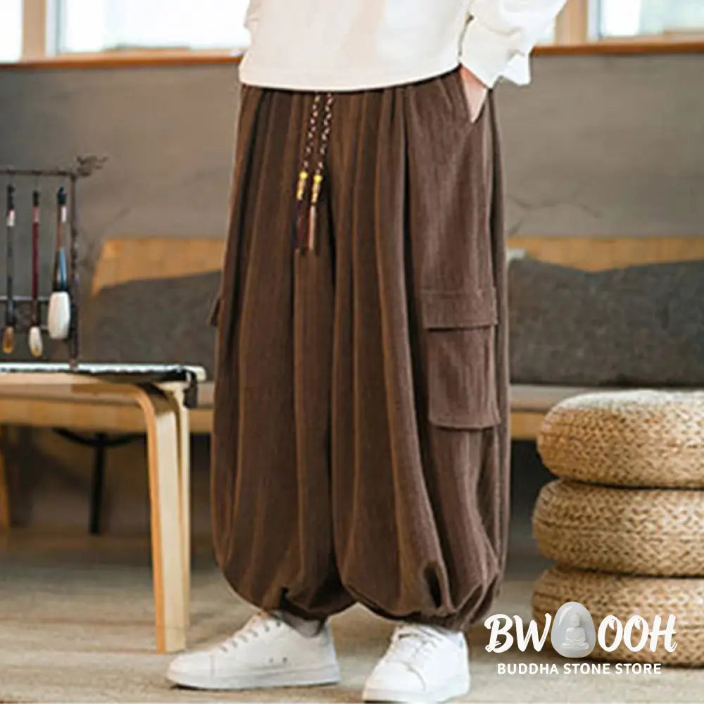 Buddha Stones Fall Winter Men’s Drawstring Chenille Corduroy Cargo Pants With Pockets - Men’s Pants