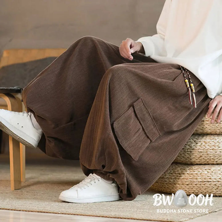 Buddha Stones Fall Winter Men’s Drawstring Chenille Corduroy Cargo Pants With Pockets - Men’s Pants