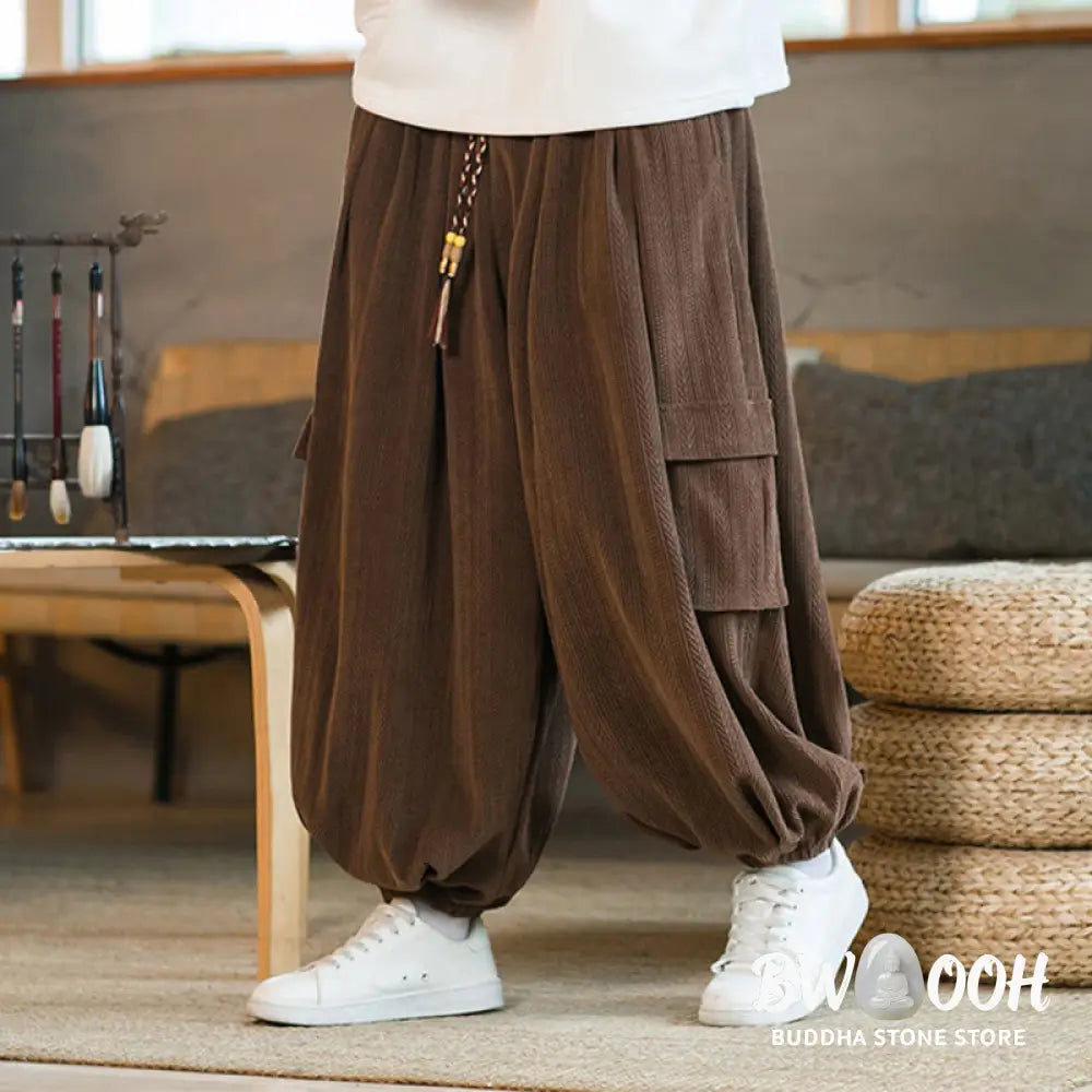 Buddha Stones Fall Winter Men’s Drawstring Chenille Corduroy Cargo Pants With Pockets - Men’s Pants