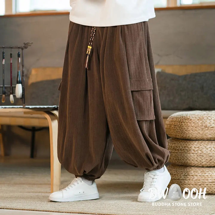 Buddha Stones Fall Winter Men’s Drawstring Chenille Corduroy Cargo Pants With Pockets - Men’s Pants