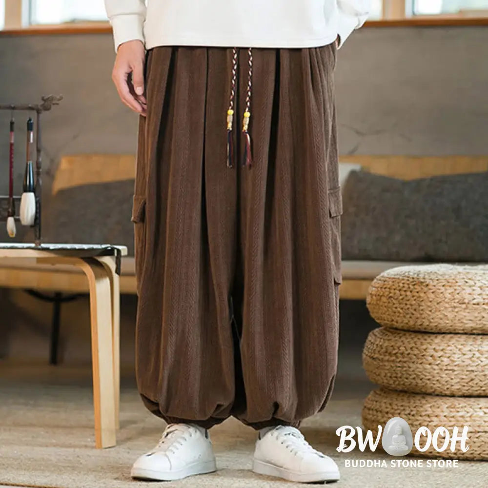Buddha Stones Fall Winter Men’s Drawstring Chenille Corduroy Cargo Pants With Pockets - Men’s Pants