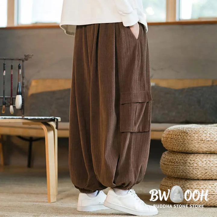 Buddha Stones Fall Winter Men’s Drawstring Chenille Corduroy Cargo Pants With Pockets - Men’s Pants