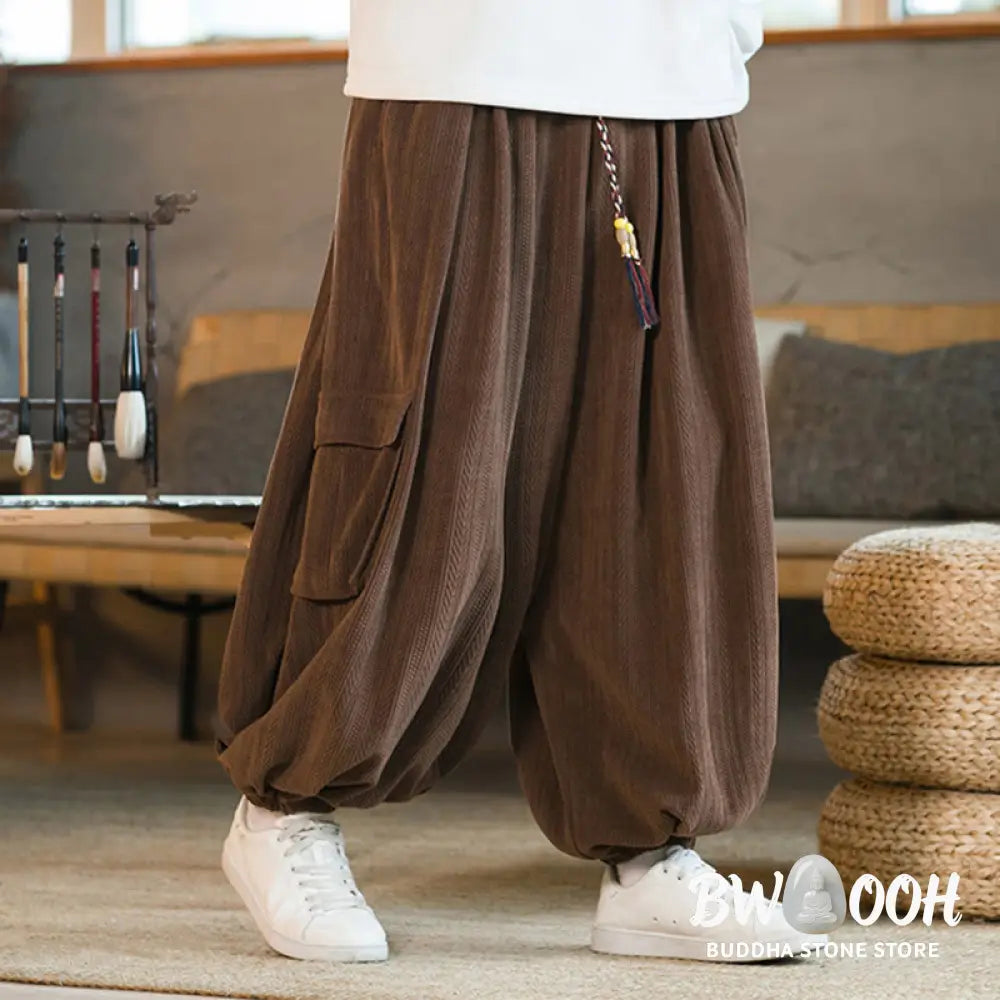 Buddha Stones Fall Winter Men’s Drawstring Chenille Corduroy Cargo Pants With Pockets - Men’s Pants