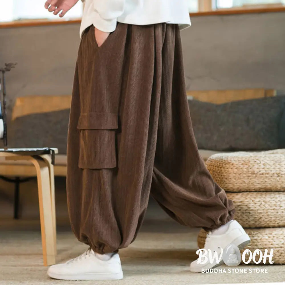 Buddha Stones Fall Winter Men’s Drawstring Chenille Corduroy Cargo Pants With Pockets - Men’s Pants