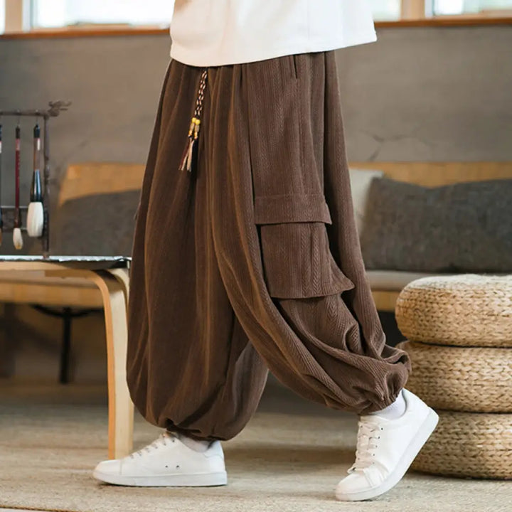 Buddha Stones Fall Winter Men’s Drawstring Chenille Corduroy Cargo Pants With Pockets - Sienna / US/UK/AU36，EU46 (L)