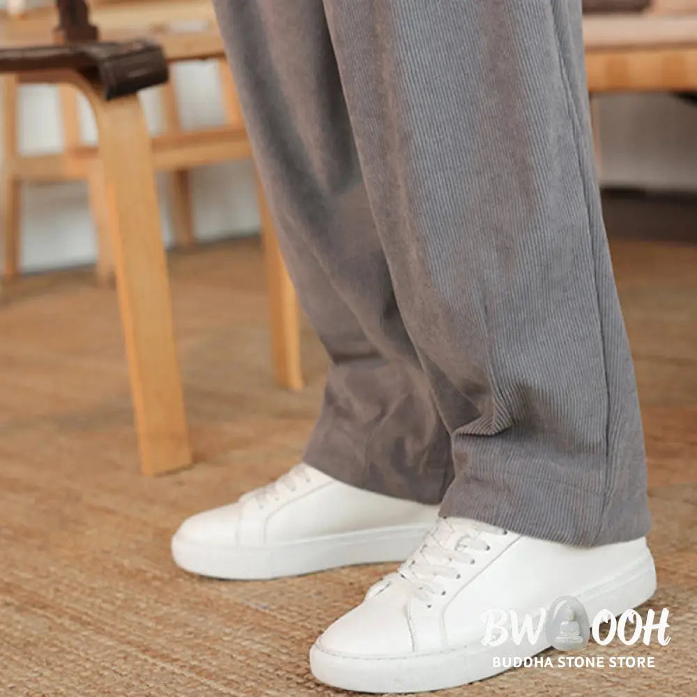Buddha Stones Fall Winter Men’s Drawstring Corduroy Solid Pants With Pockets - Men’s Pants