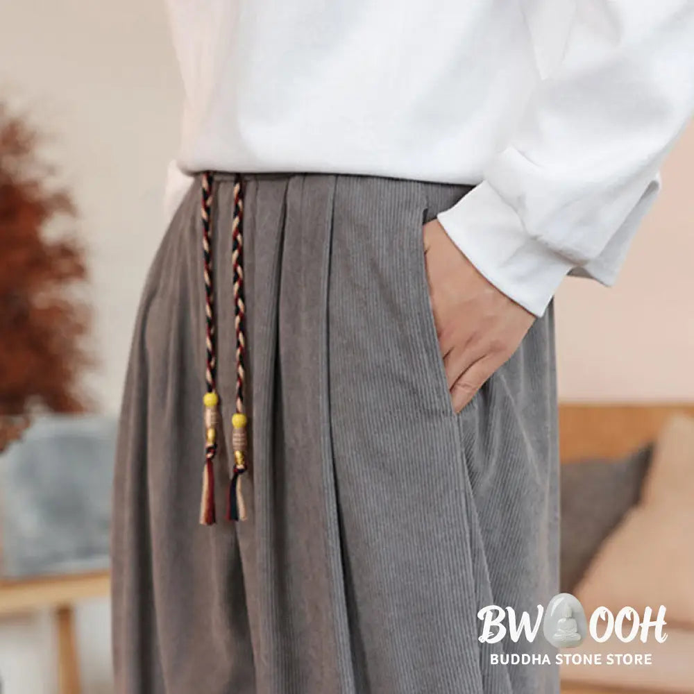 Buddha Stones Fall Winter Men’s Drawstring Corduroy Solid Pants With Pockets - Men’s Pants