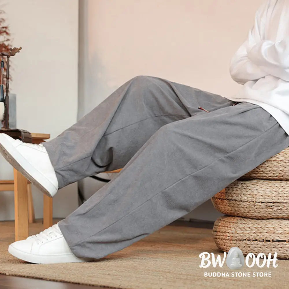 Buddha Stones Fall Winter Men’s Drawstring Corduroy Solid Pants With Pockets - Men’s Pants