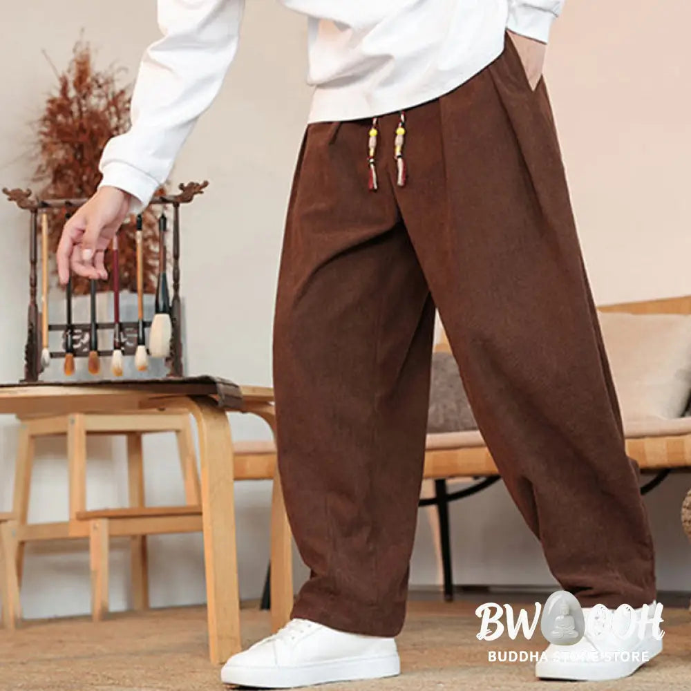 Buddha Stones Fall Winter Men’s Drawstring Corduroy Solid Pants With Pockets - Men’s Pants