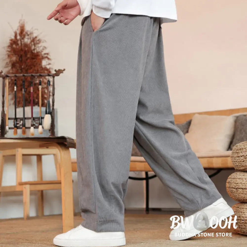 Buddha Stones Fall Winter Men’s Drawstring Corduroy Solid Pants With Pockets - Men’s Pants