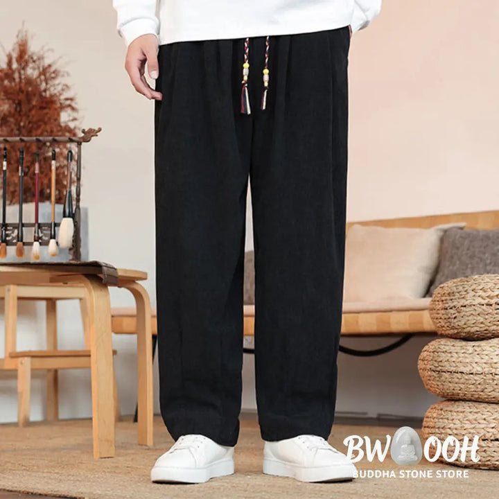 Buddha Stones Fall Winter Men’s Drawstring Corduroy Solid Pants With Pockets - Men’s Pants