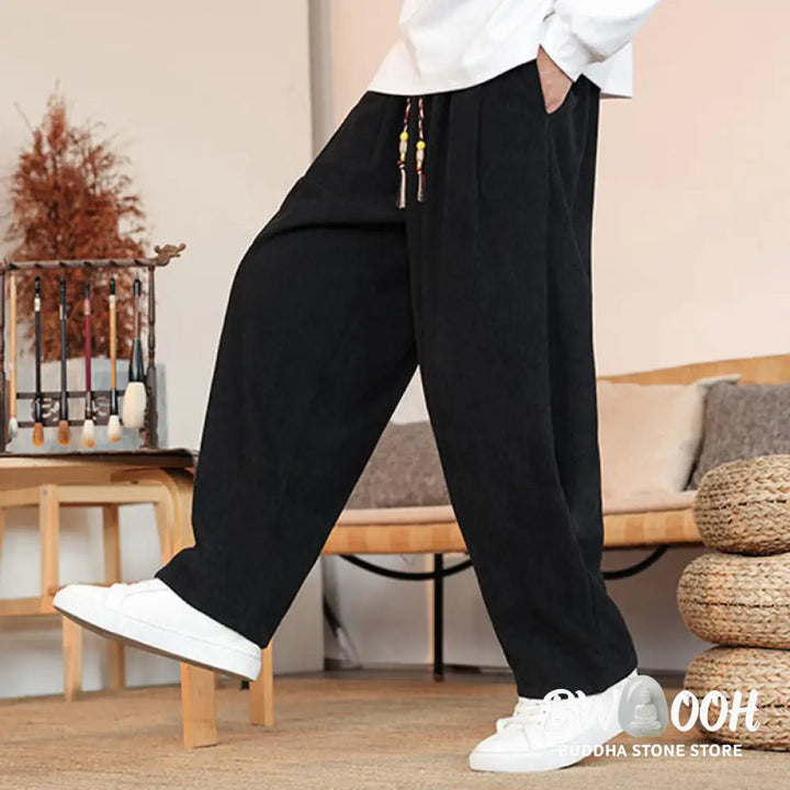 Buddha Stones Fall Winter Men’s Drawstring Corduroy Solid Pants With Pockets - Men’s Pants