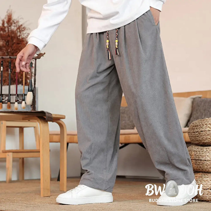 Buddha Stones Fall Winter Men’s Drawstring Corduroy Solid Pants With Pockets - Men’s Pants