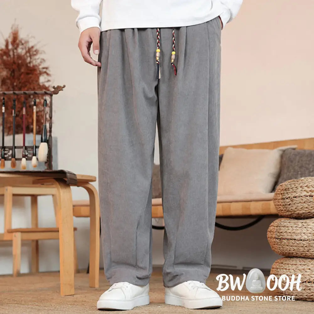 Buddha Stones Fall Winter Men’s Drawstring Corduroy Solid Pants With Pockets - Men’s Pants