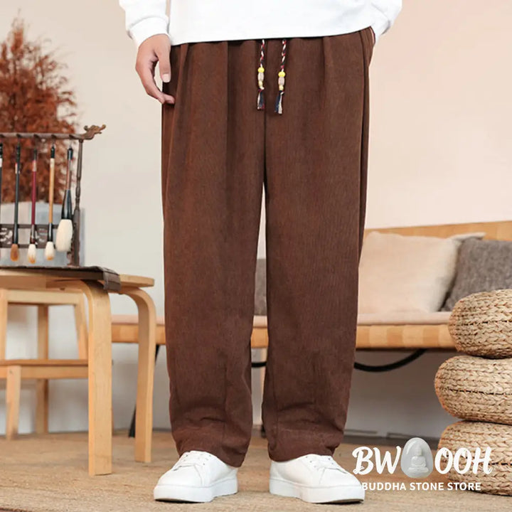 Buddha Stones Fall Winter Men’s Drawstring Corduroy Solid Pants With Pockets - Men’s Pants