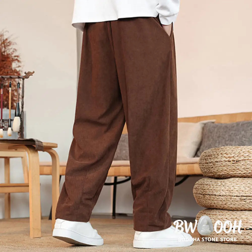 Buddha Stones Fall Winter Men’s Drawstring Corduroy Solid Pants With Pockets - Men’s Pants