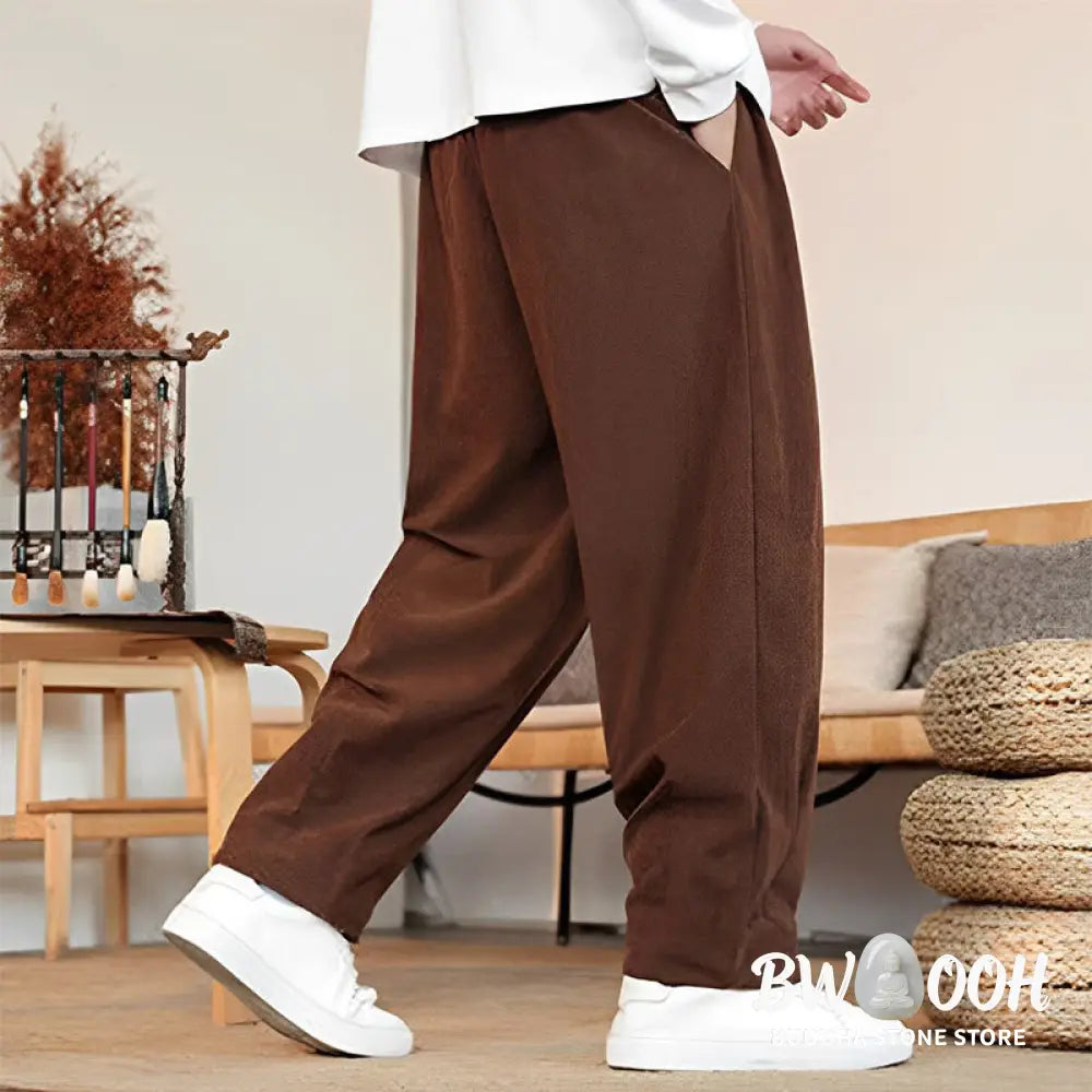 Buddha Stones Fall Winter Men’s Drawstring Corduroy Solid Pants With Pockets - Men’s Pants