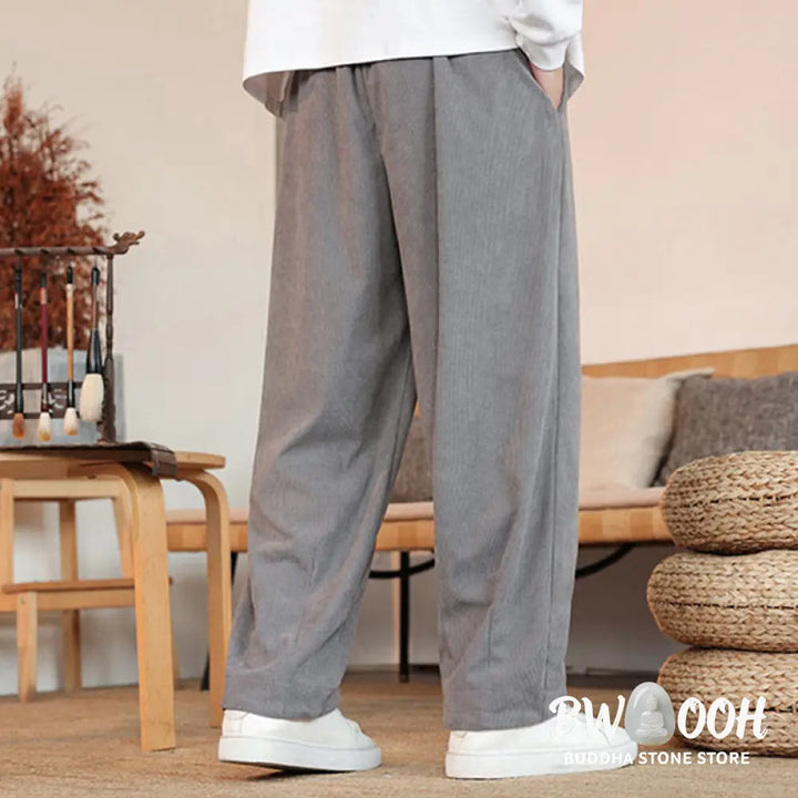 Buddha Stones Fall Winter Men’s Drawstring Corduroy Solid Pants With Pockets - Men’s Pants