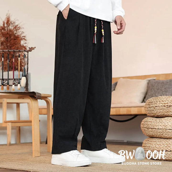 Buddha Stones Fall Winter Men’s Drawstring Corduroy Solid Pants With Pockets - Men’s Pants