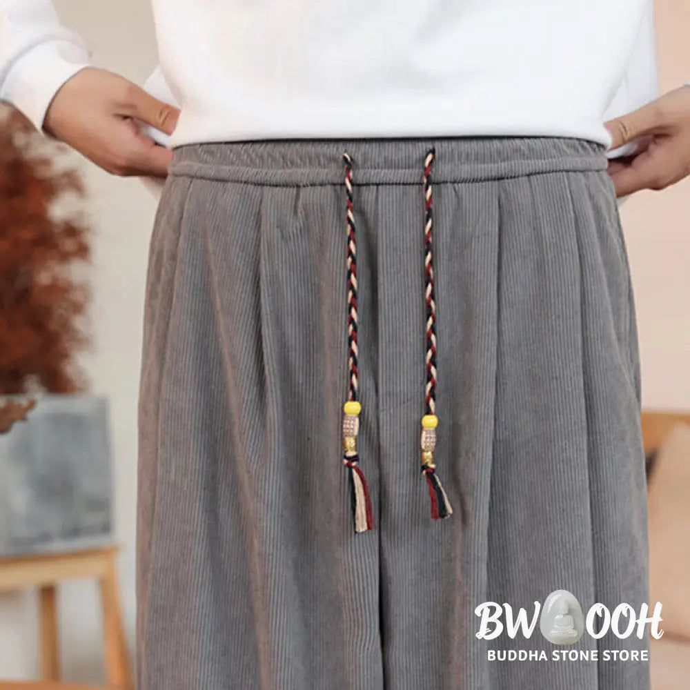 Buddha Stones Fall Winter Men’s Drawstring Corduroy Solid Pants With Pockets - Men’s Pants
