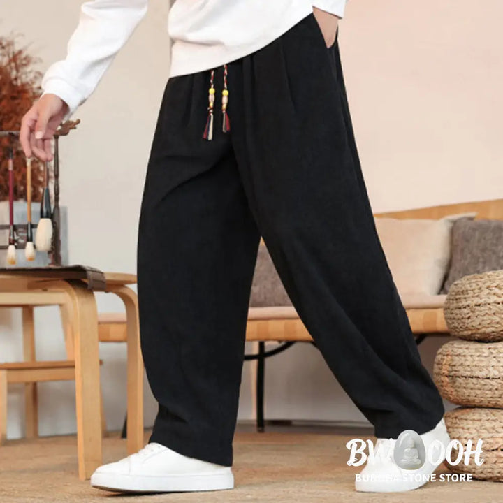 Buddha Stones Fall Winter Men’s Drawstring Corduroy Solid Pants With Pockets - Men’s Pants