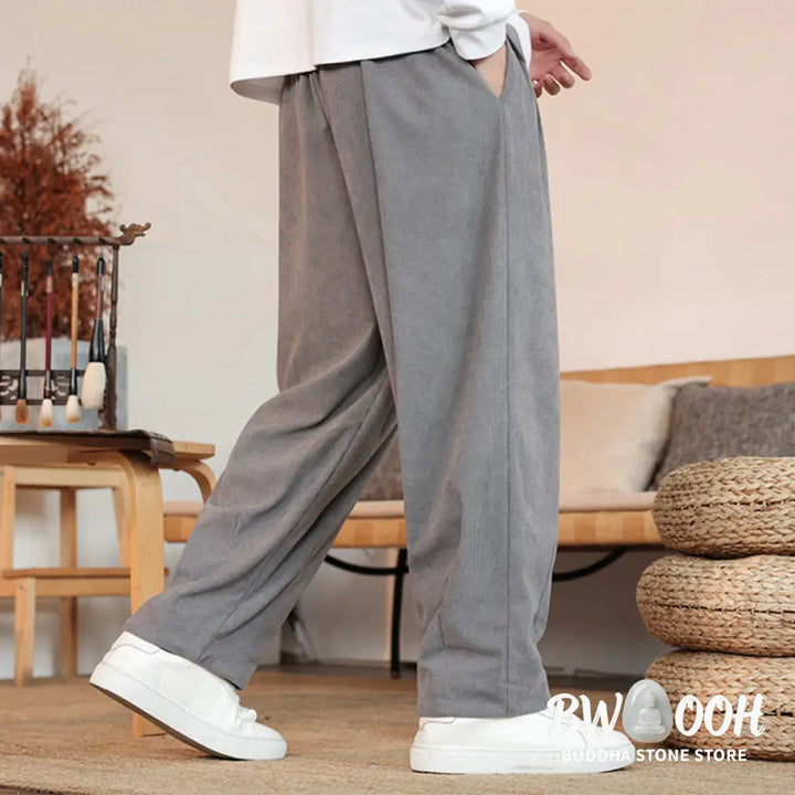 Buddha Stones Fall Winter Men’s Drawstring Corduroy Solid Pants With Pockets - Men’s Pants