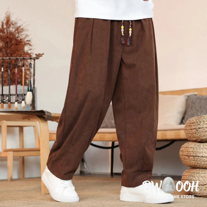 Buddha Stones Fall Winter Men’s Drawstring Corduroy Solid Pants With Pockets - Men’s Pants