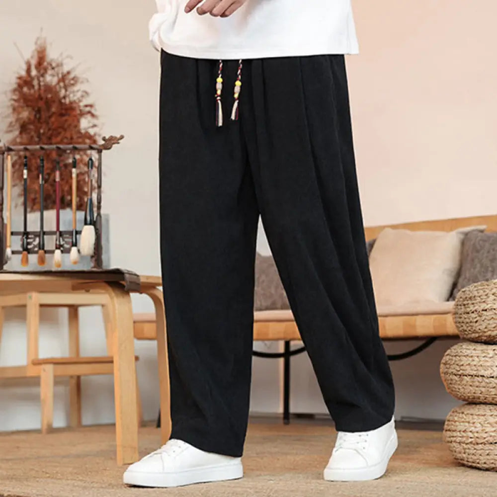 Buddha Stones Fall Winter Men’s Drawstring Corduroy Solid Pants With Pockets - Black / US/UK/AU36，EU46 (L) - Men’s Pants