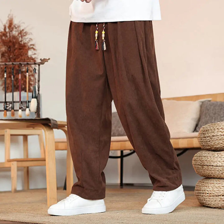 Buddha Stones Fall Winter Men’s Drawstring Corduroy Solid Pants With Pockets - Sienna / US/UK/AU36，EU46 (L) - Men’s