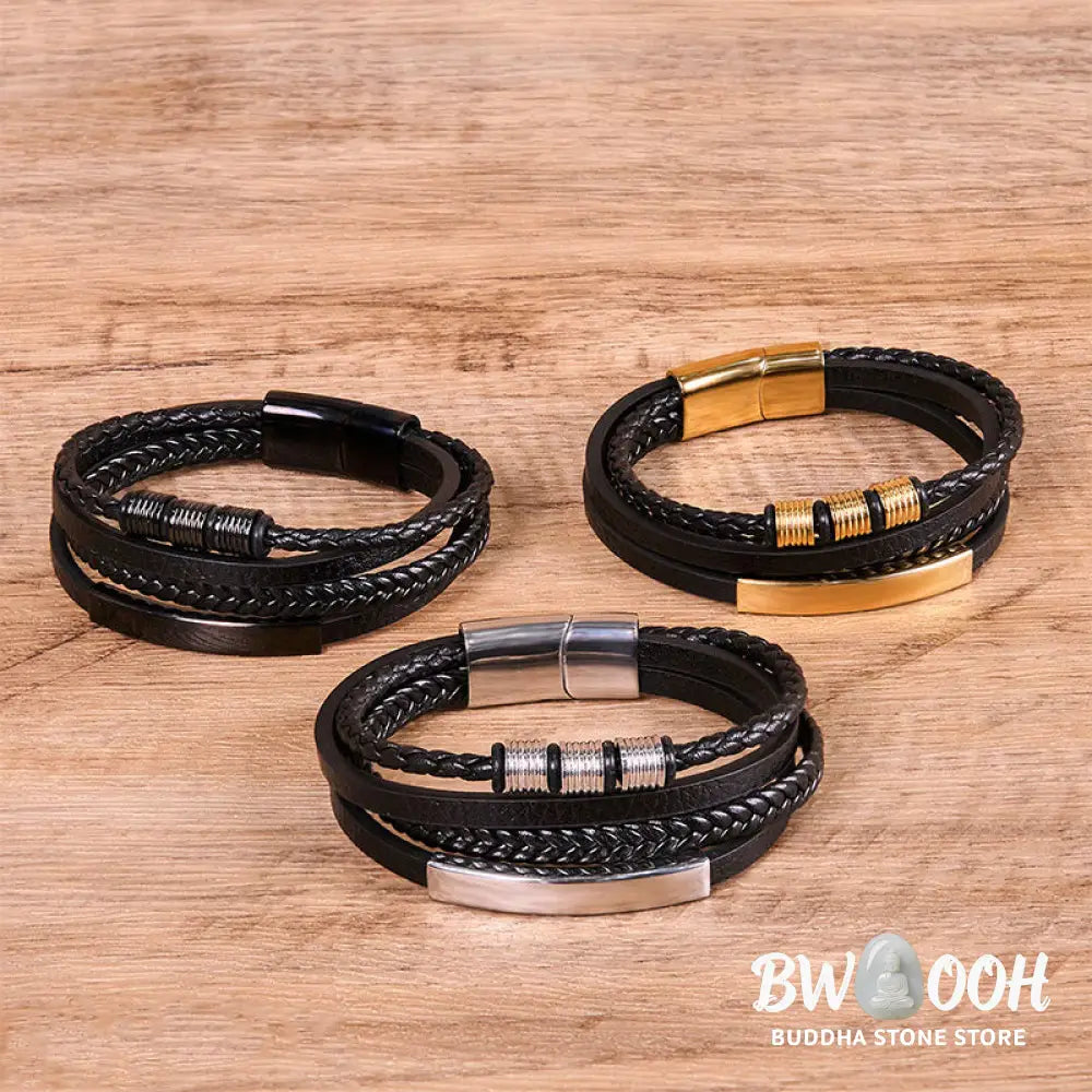 Buddha Stones Fashion Titanium Steel Leather Hand Woven Magnetic Buckle Strengthen Bracelet - BWOOOH - Bracelet