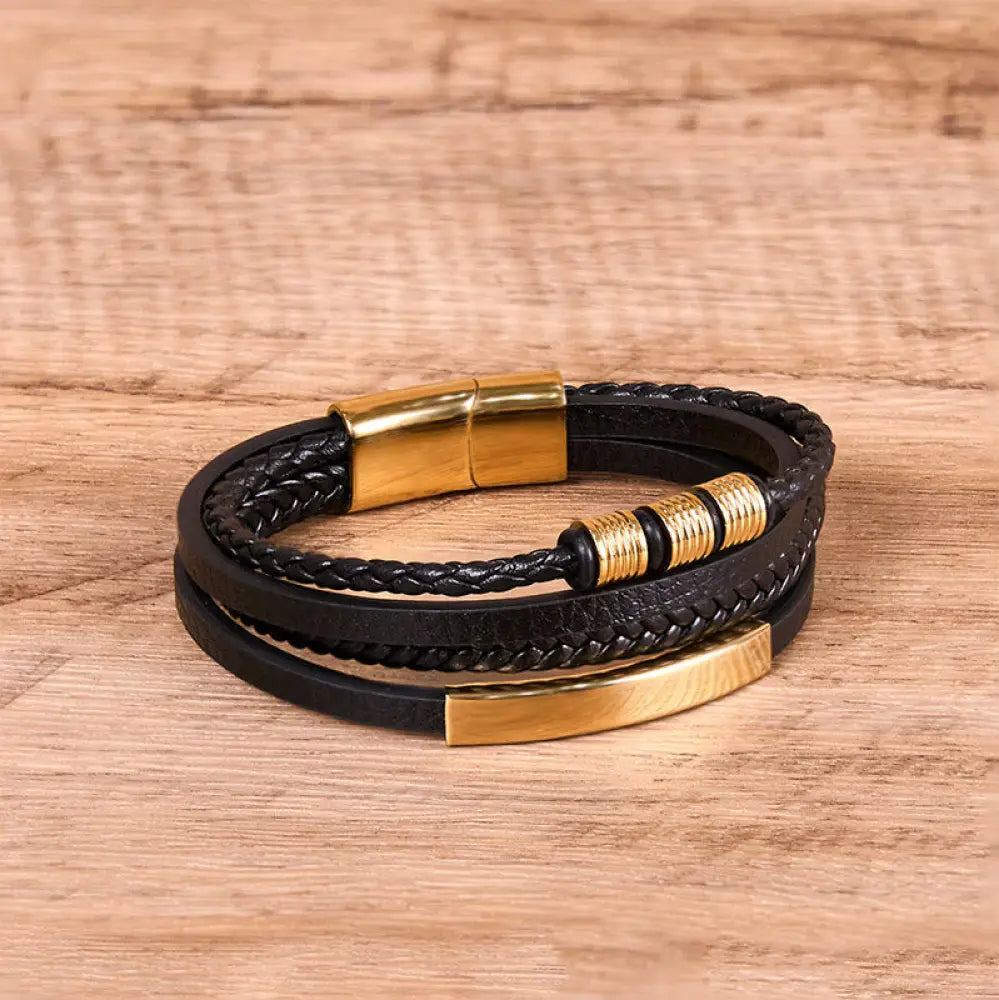 Buddha Stones Fashion Titanium Steel Leather Hand Woven Magnetic Buckle Strengthen Bracelet - BWOOOH - Golden
