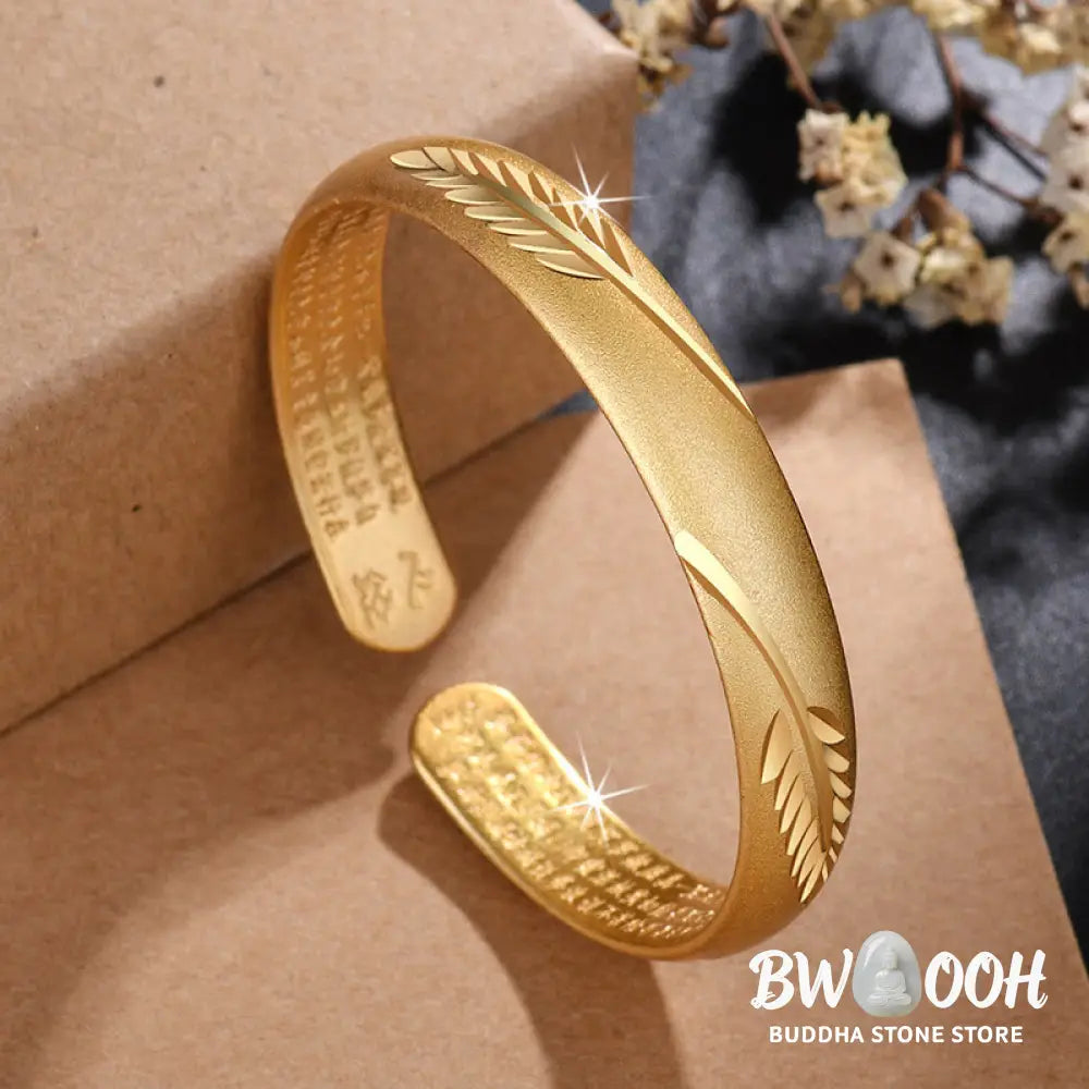Buddha Stones Feather Heart Sutra Engraved Pattern Wealth Copper Cuff Bracelet Bangle - BWOOOH - Bracelet Bangle