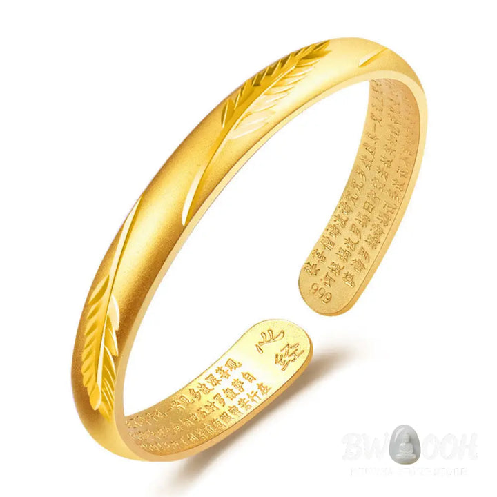 Buddha Stones Feather Heart Sutra Engraved Pattern Wealth Copper Cuff Bracelet Bangle - BWOOOH - Bracelet Bangle