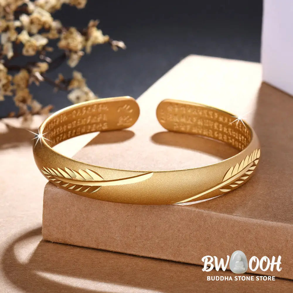 Buddha Stones Feather Heart Sutra Engraved Pattern Wealth Copper Cuff Bracelet Bangle - BWOOOH - Bracelet Bangle
